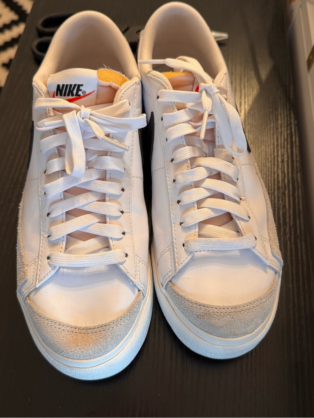 Nike White Low-Top Sneakers with Black Swoosh and Beige Suede Accents worn twice